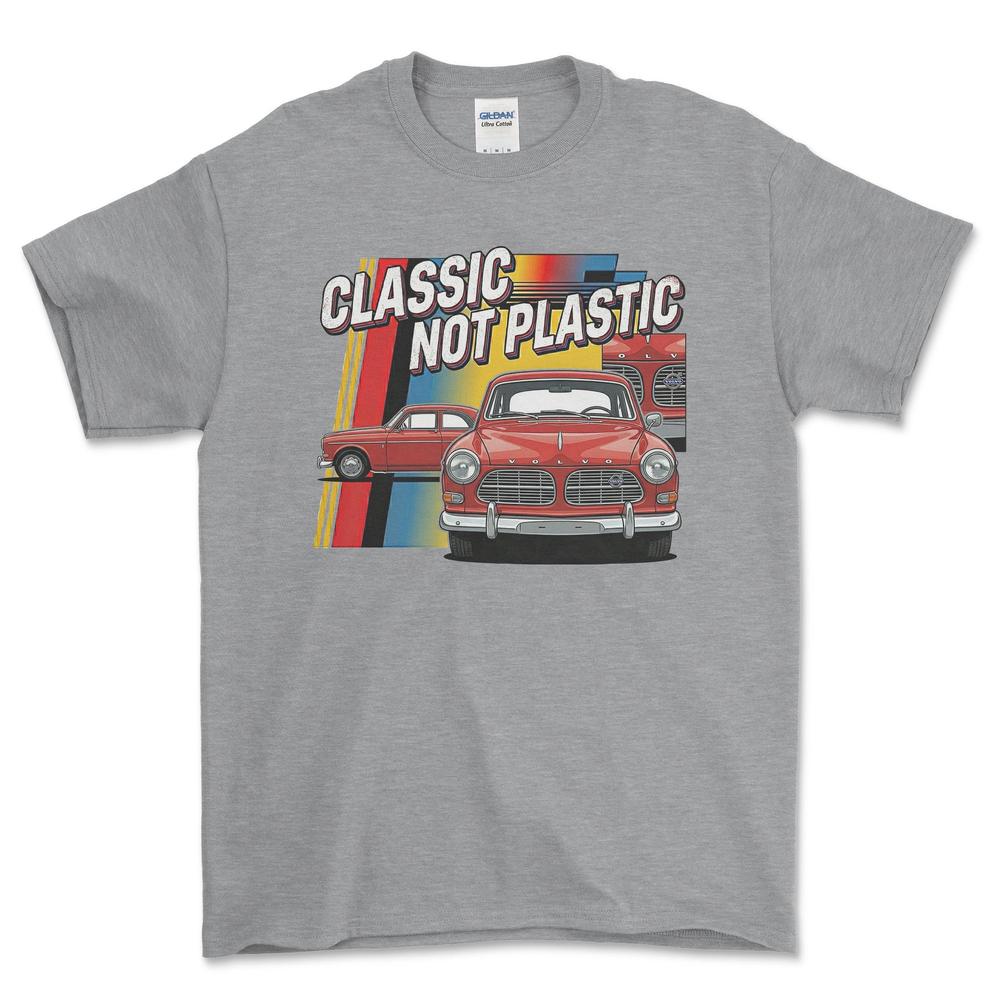 Volvo Amazon 120 Series Classic Not Plastic - Unisex T-Shirt-Beklædning-Volvo-Grå Sport-S-Forside-Garage Culture Shop- garage - man cave - merchandise