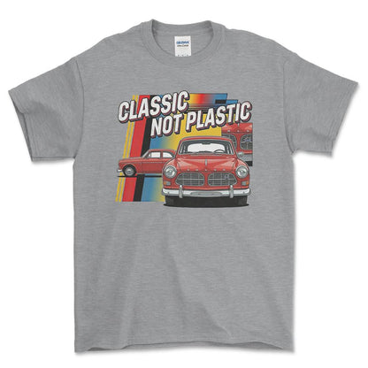 Volvo Amazon 120 Series Classic Not Plastic - Unisex T-Shirt-Beklædning-Volvo-Grå Sport-S-Forside-Garage Culture Shop- garage - man cave - merchandise