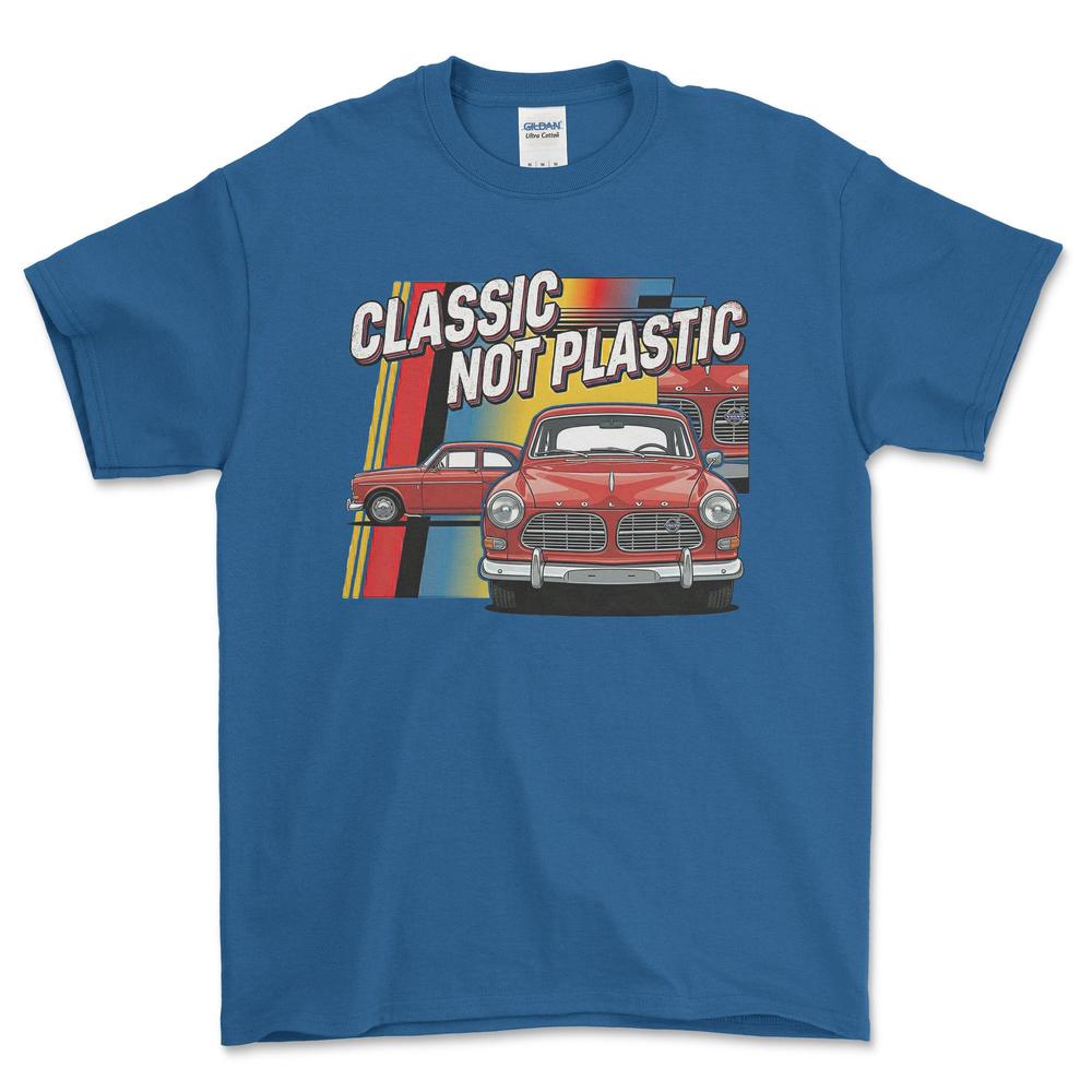 Volvo Amazon 120 Series Classic Not Plastic - Unisex T-Shirt-Beklædning-Volvo-Blå Royal-S-Forside-Garage Culture Shop- garage - man cave - merchandise