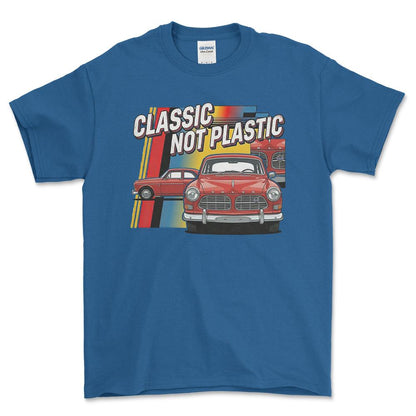 Volvo Amazon 120 Series Classic Not Plastic - Unisex T-Shirt-Beklædning-Volvo-Blå Royal-S-Forside-Garage Culture Shop- garage - man cave - merchandise
