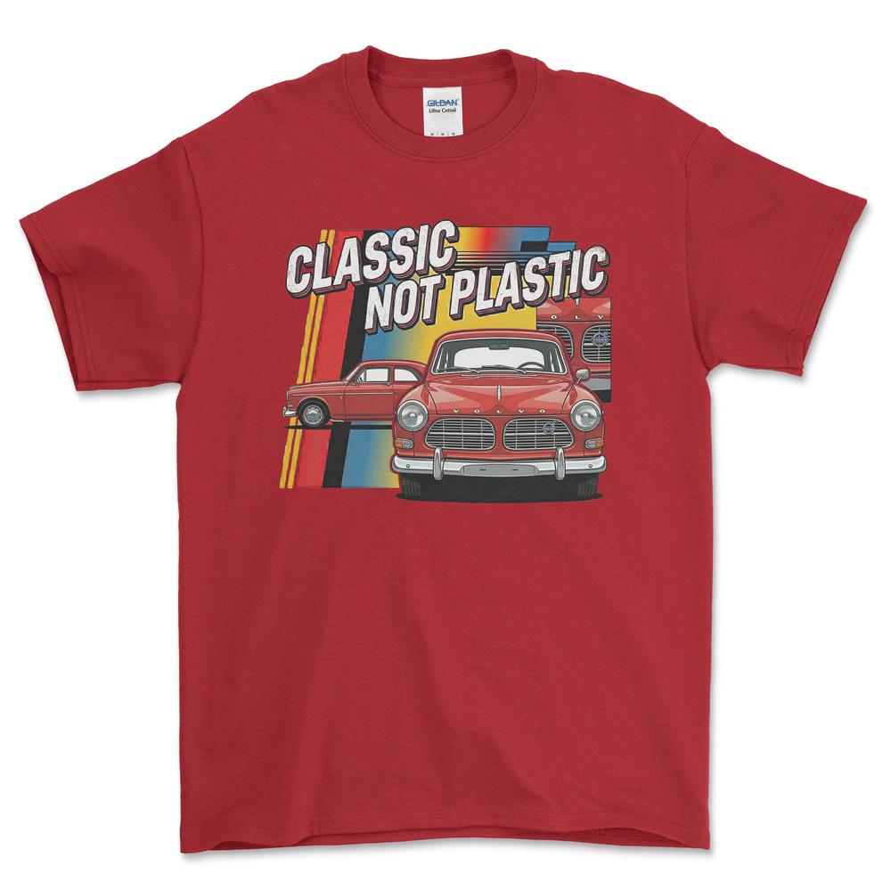 Volvo Amazon 120 Series Classic Not Plastic - Unisex T-Shirt-Beklædning-Volvo-Rød-S-Garage Culture Shop- garage - man cave - merchandise