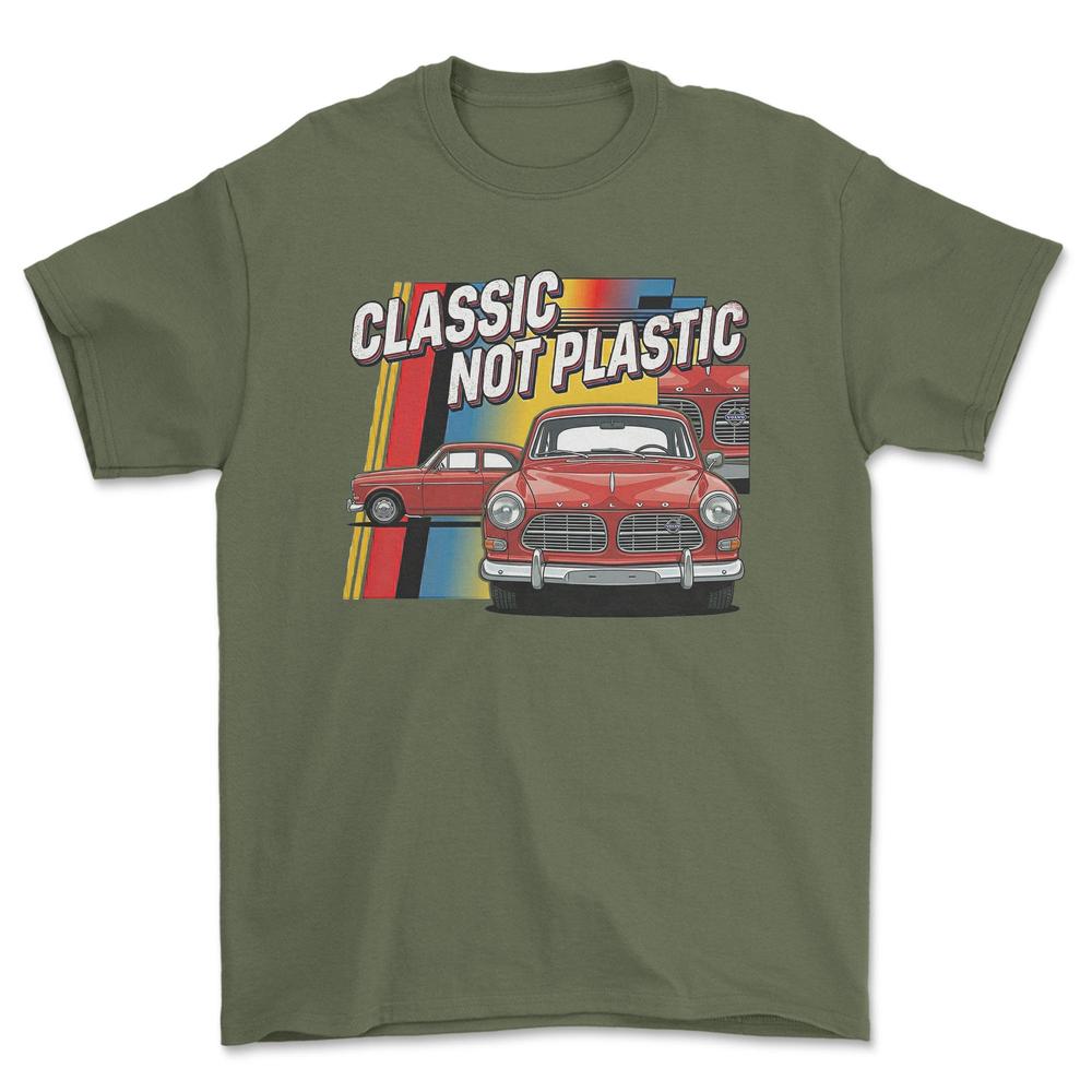 Volvo Amazon 120 Series Classic Not Plastic - Unisex T-Shirt-Beklædning-Volvo-Grøn Militær-S-Garage Culture Shop- garage - man cave - merchandise