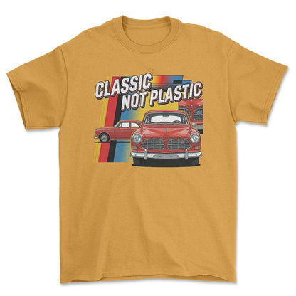 Volvo Amazon 120 Series Classic Not Plastic - Unisex T-Shirt-Beklædning-Volvo-Guld-S-Forside-Garage Culture Shop- garage - man cave - merchandise