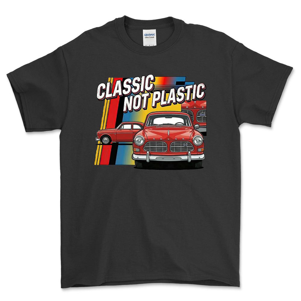 Volvo Amazon 120 Series Classic Not Plastic - Unisex T-Shirt-Beklædning-Volvo-Sort-S-Forside-Garage Culture Shop- garage - man cave - merchandise