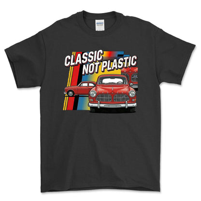 Volvo Amazon 120 Series Classic Not Plastic - Unisex T-Shirt-Beklædning-Volvo-Sort-S-Forside-Garage Culture Shop- garage - man cave - merchandise