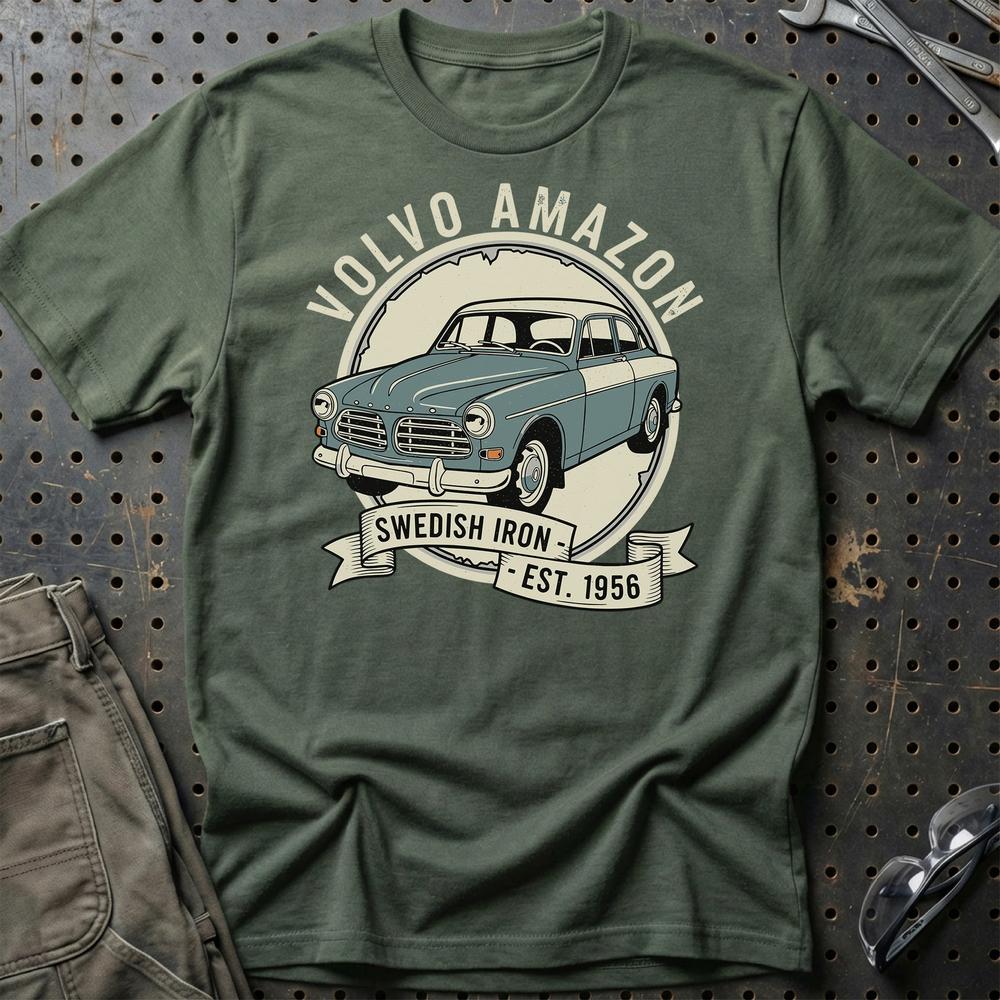 Volvo Amazon Swedish Iron - Unisex T-Shirt-Beklædning-Volvo-Grøn Militær-S-Garage Culture Shop- garage - man cave - merchandise