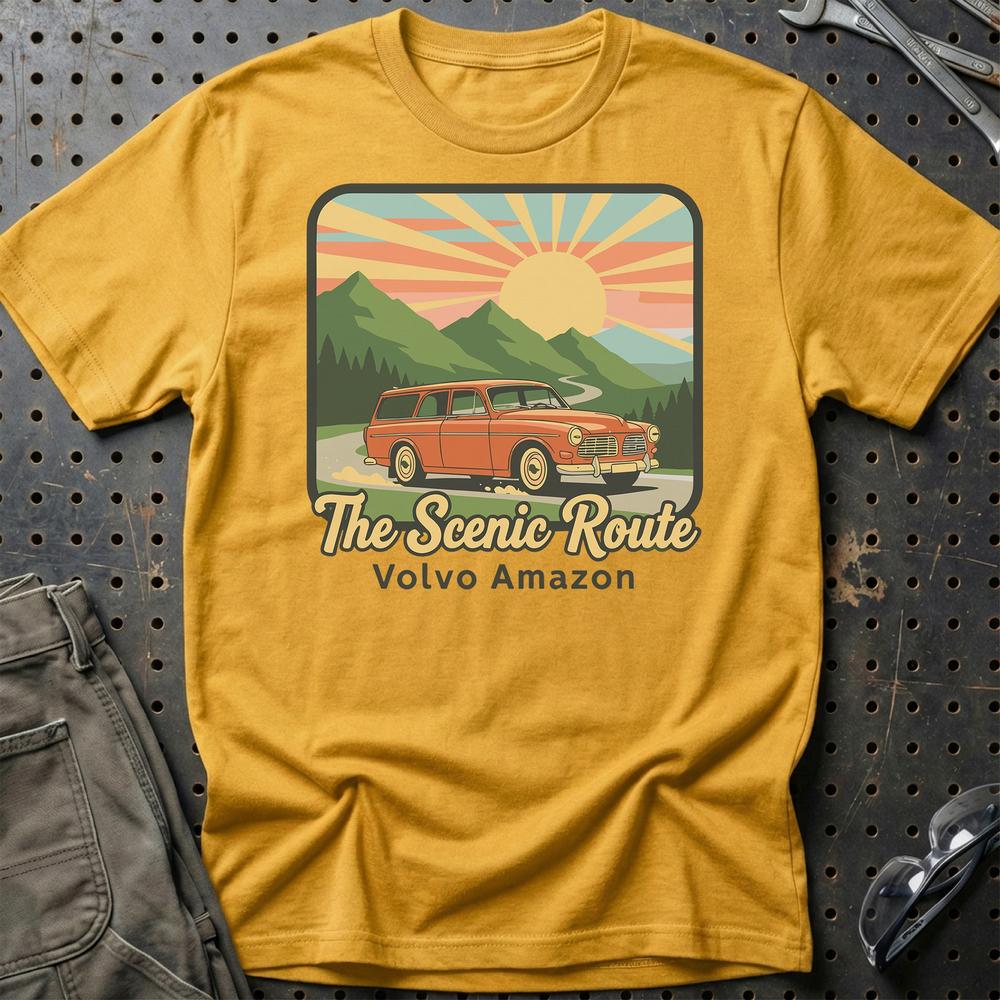 Volvo Amazon The Scenic Route T-Shirt-Beklædning-Volvo-Guld-S-Garage Culture Shop- garage - man cave - merchandise