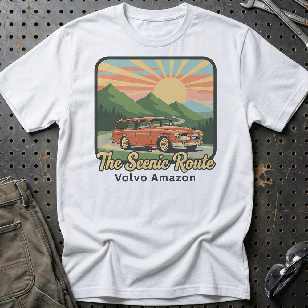 Volvo Amazon The Scenic Route - Unisex T-Shirt-Beklædning-Volvo-Hvid-S-Garage Culture Shop- garage - man cave - merchandise