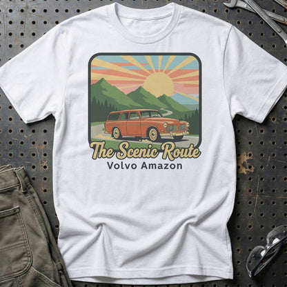 Volvo Amazon The Scenic Route - Unisex T-Shirt-Beklædning-Volvo-Hvid-S-Garage Culture Shop- garage - man cave - merchandise