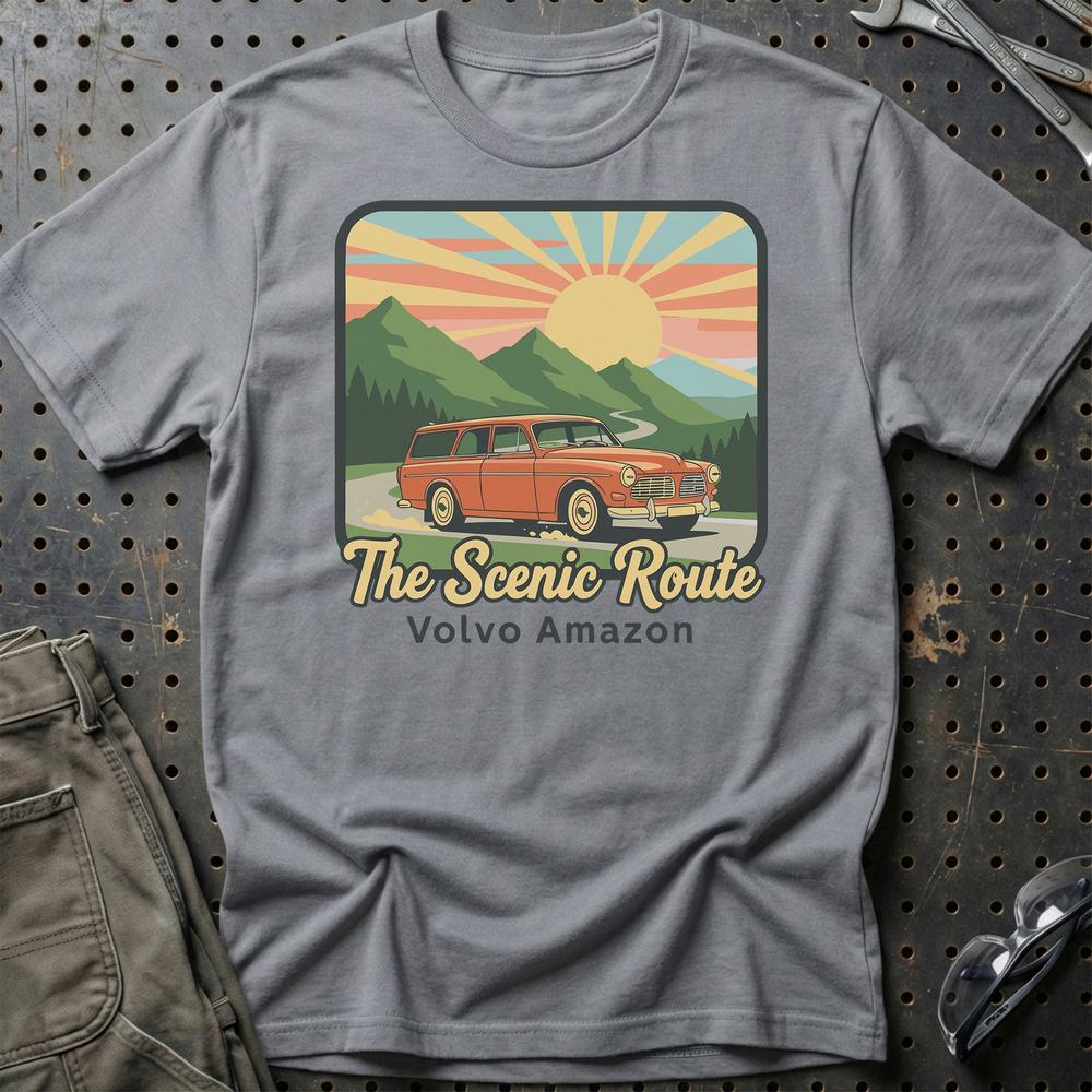 Volvo Amazon The Scenic Route - Unisex T-Shirt-Beklædning-Volvo-Grå Sport-S-Garage Culture Shop- garage - man cave - merchandise