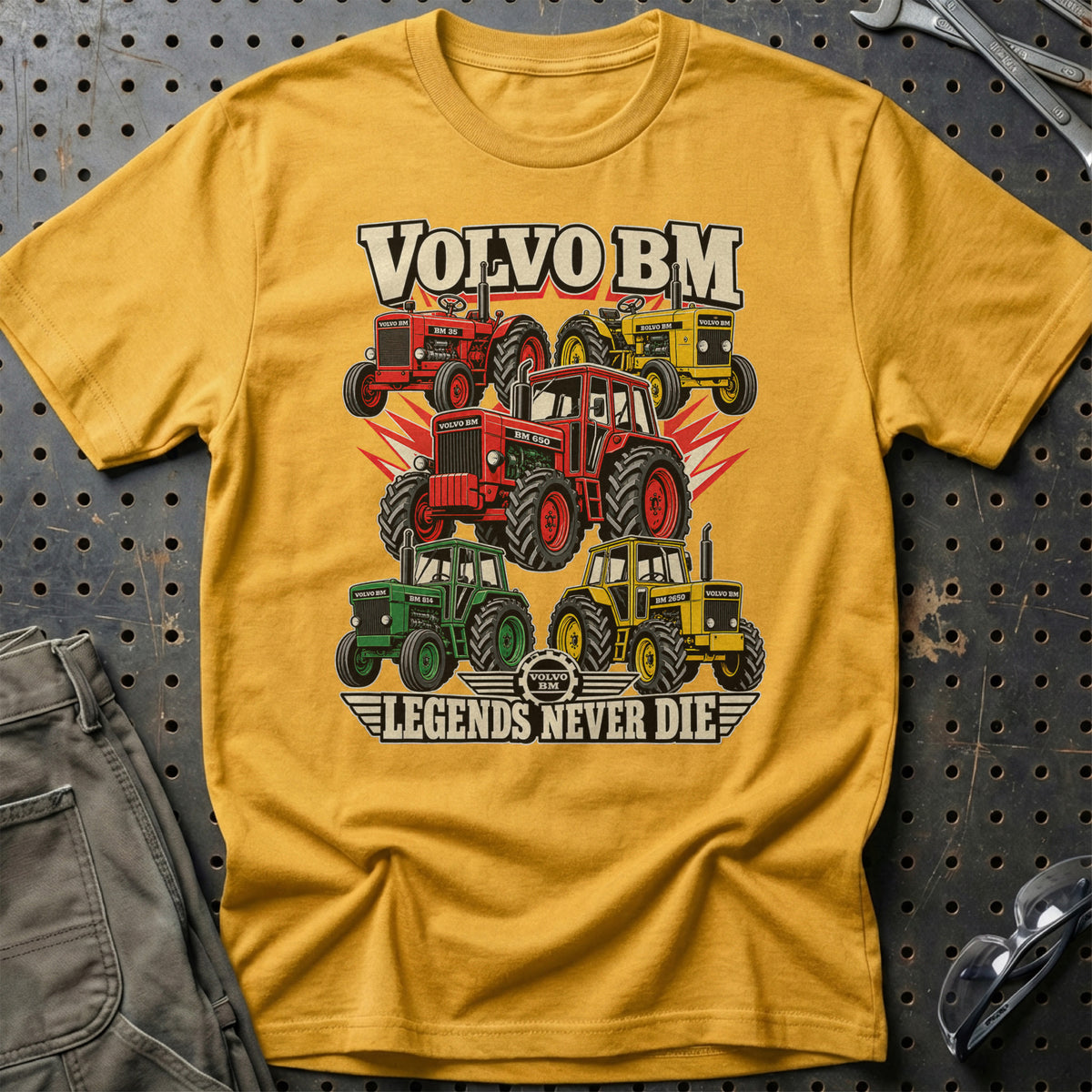 Volvo BM Legends Never Die T-Shirt-Beklædning-Volvo BM-Guld-S-Garage Culture Shop- garage - man cave - merchandise