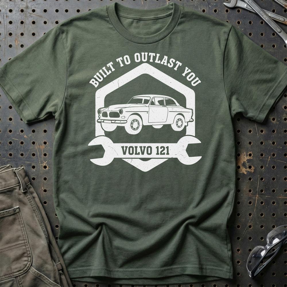 Volvo Built To Outlast You Volvo 121 T-Shirt-Beklædning-Volvo-Grøn Militær-S-Garage Culture Shop- garage - man cave - merchandise