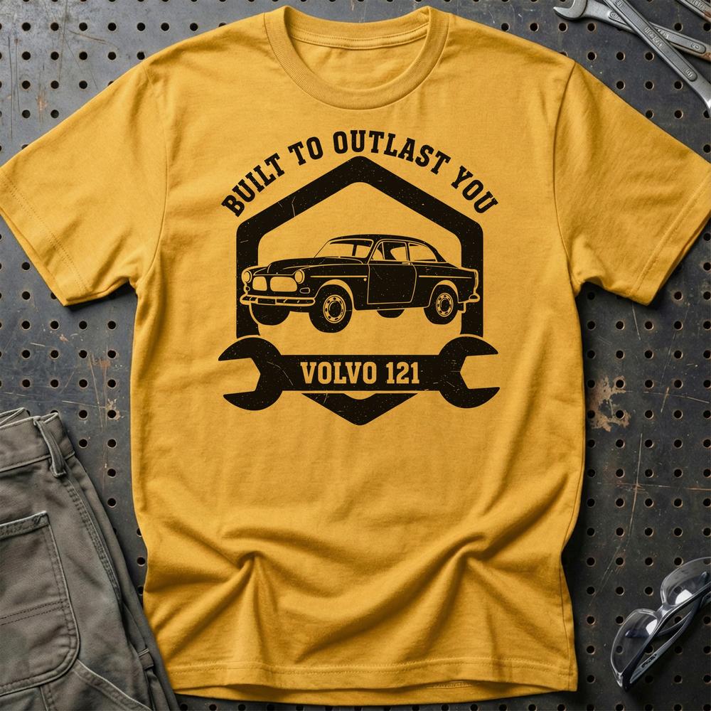 Volvo Built To Outlast You Volvo 121 T-Shirt-Beklædning-Volvo-Guld-S-Garage Culture Shop- garage - man cave - merchandise