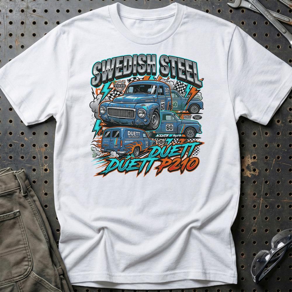 Volvo Duett P210 Swedish Steel Klassiker T-Shirt-Beklædning-Volvo-Hvid-S-Garage Culture Shop- garage - man cave - merchandise