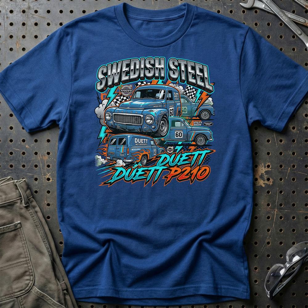 Volvo Duett P210 Swedish Steel Klassiker T-Shirt-Beklædning-Volvo-Blå Royal-S-Garage Culture Shop- garage - man cave - merchandise