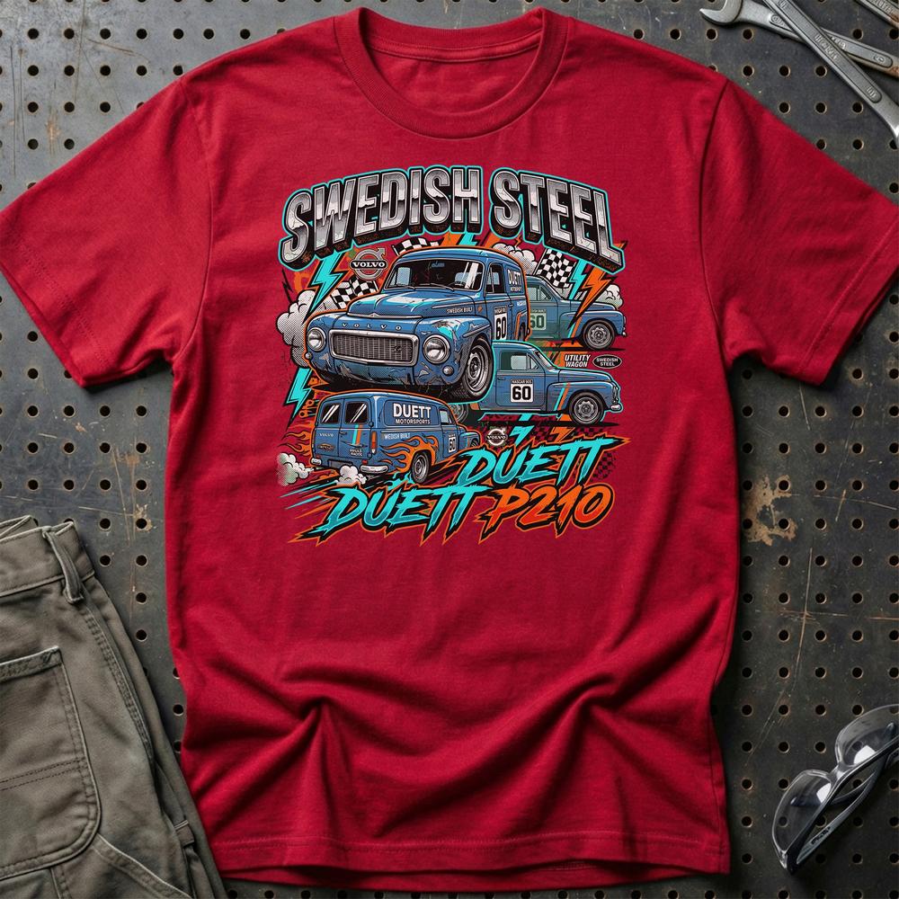 Volvo Duett P210 Swedish Steel Klassiker T-Shirt-Beklædning-Volvo-Rød-S-Garage Culture Shop- garage - man cave - merchandise