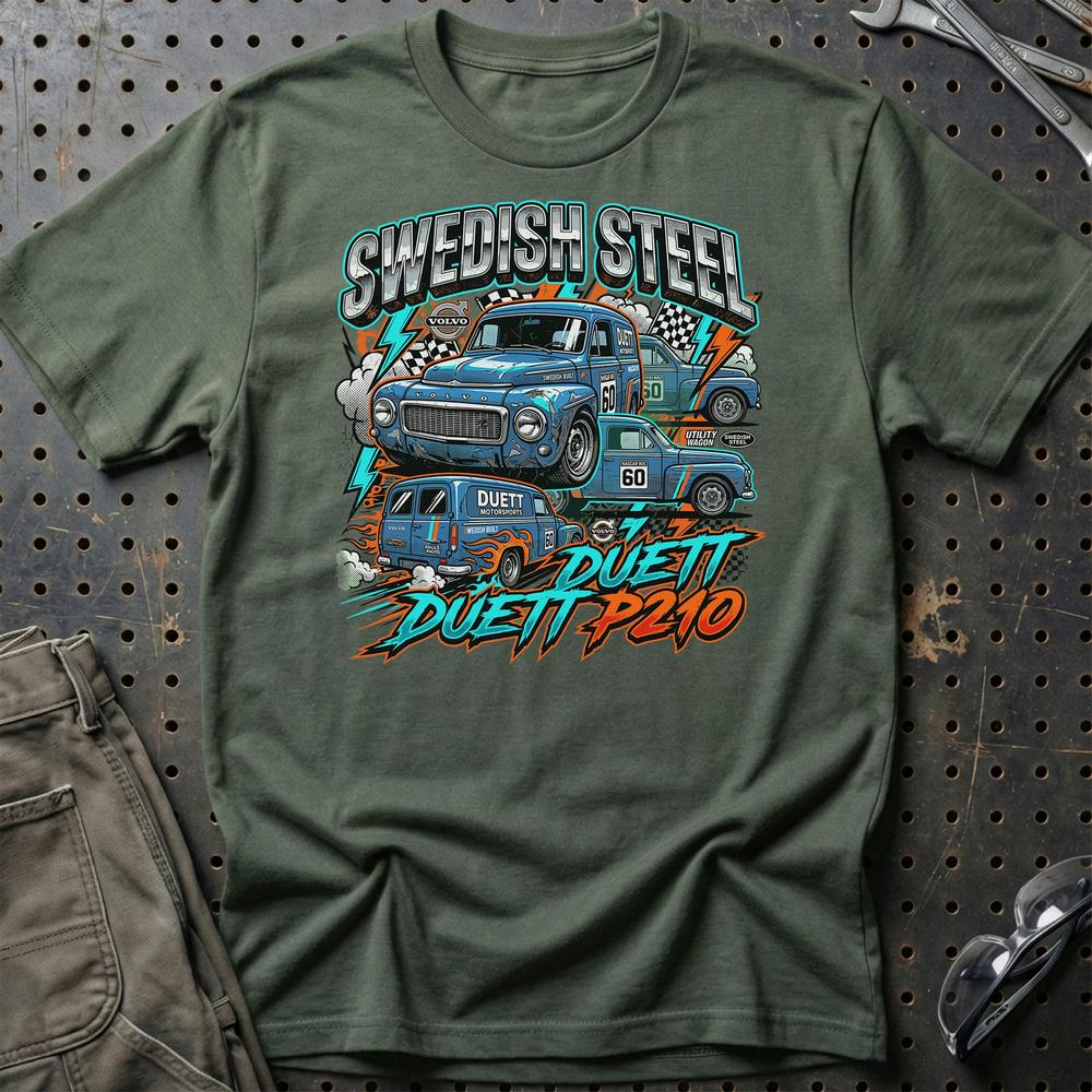 Volvo Duett P210 Swedish Steel Klassiker T-Shirt-Beklædning-Volvo-Grøn Militær-S-Garage Culture Shop- garage - man cave - merchandise
