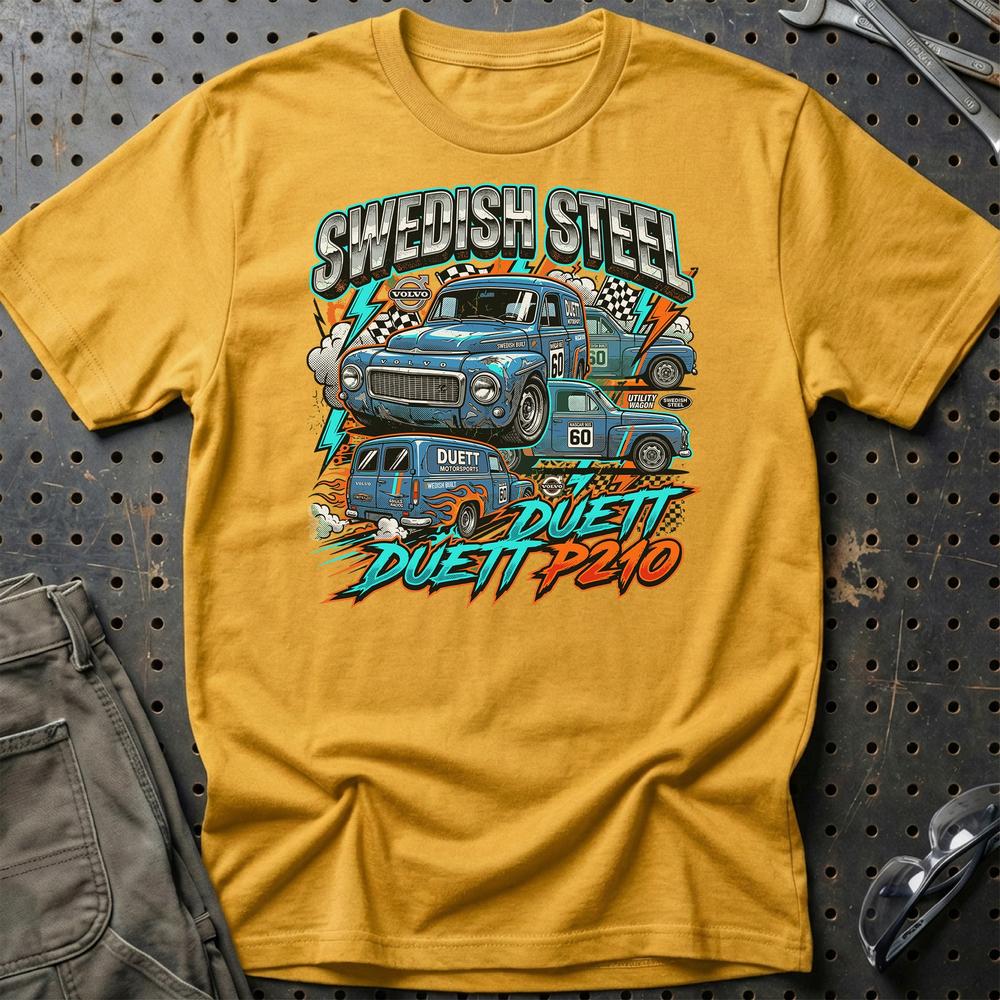 Volvo Duett P210 Swedish Steel Klassiker T-Shirt-Beklædning-Volvo-Guld-S-Garage Culture Shop- garage - man cave - merchandise