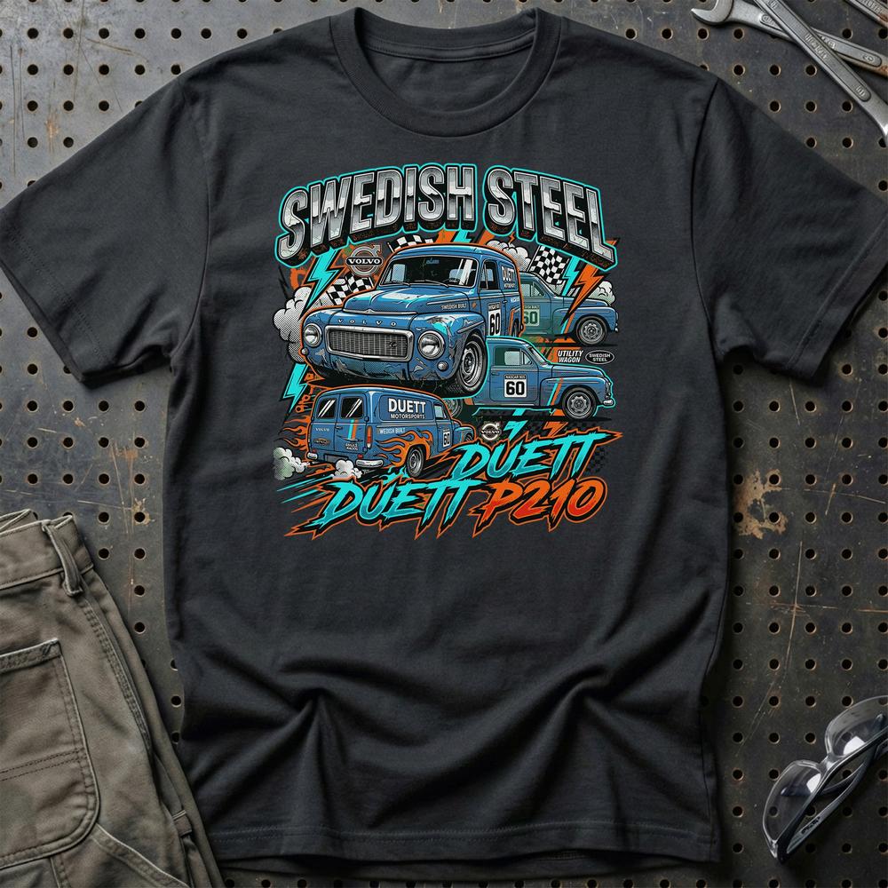Volvo Duett P210 Swedish Steel Klassiker T-Shirt-Beklædning-Volvo-Sort-S-Garage Culture Shop- garage - man cave - merchandise