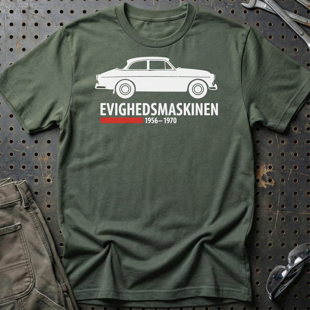 Volvo Evighedsmaskinen 1956-1970 T-Shirt-Beklædning-Volvo-Grøn Militær-S-Garage Culture Shop- garage - man cave - merchandise
