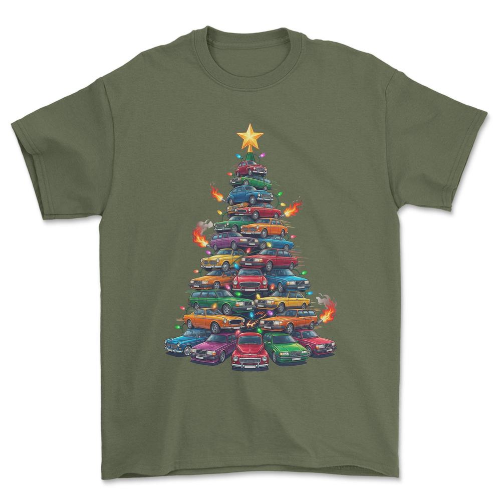 Volvo Juletræ Christmas Tree - Unisex T-Shirt-Beklædning-Volvo-Grøn Militær-S-Forside-Garage Culture Shop- garage - man cave - merchandise