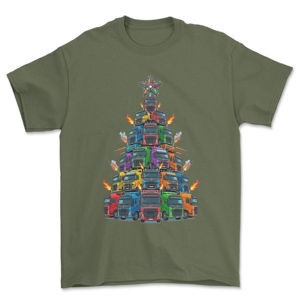 Volvo Lastbil Juletræ Christmas Tree - Unisex T-Shirt-Beklædning-Volvo-Grøn Militær-S-Forside-Garage Culture Shop- garage - man cave - merchandise