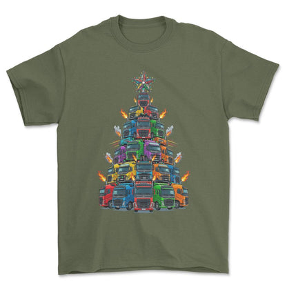 Volvo Lastbil Juletræ Christmas Tree - Unisex T-Shirt-Beklædning-Volvo-Grøn Militær-S-Forside-Garage Culture Shop- garage - man cave - merchandise