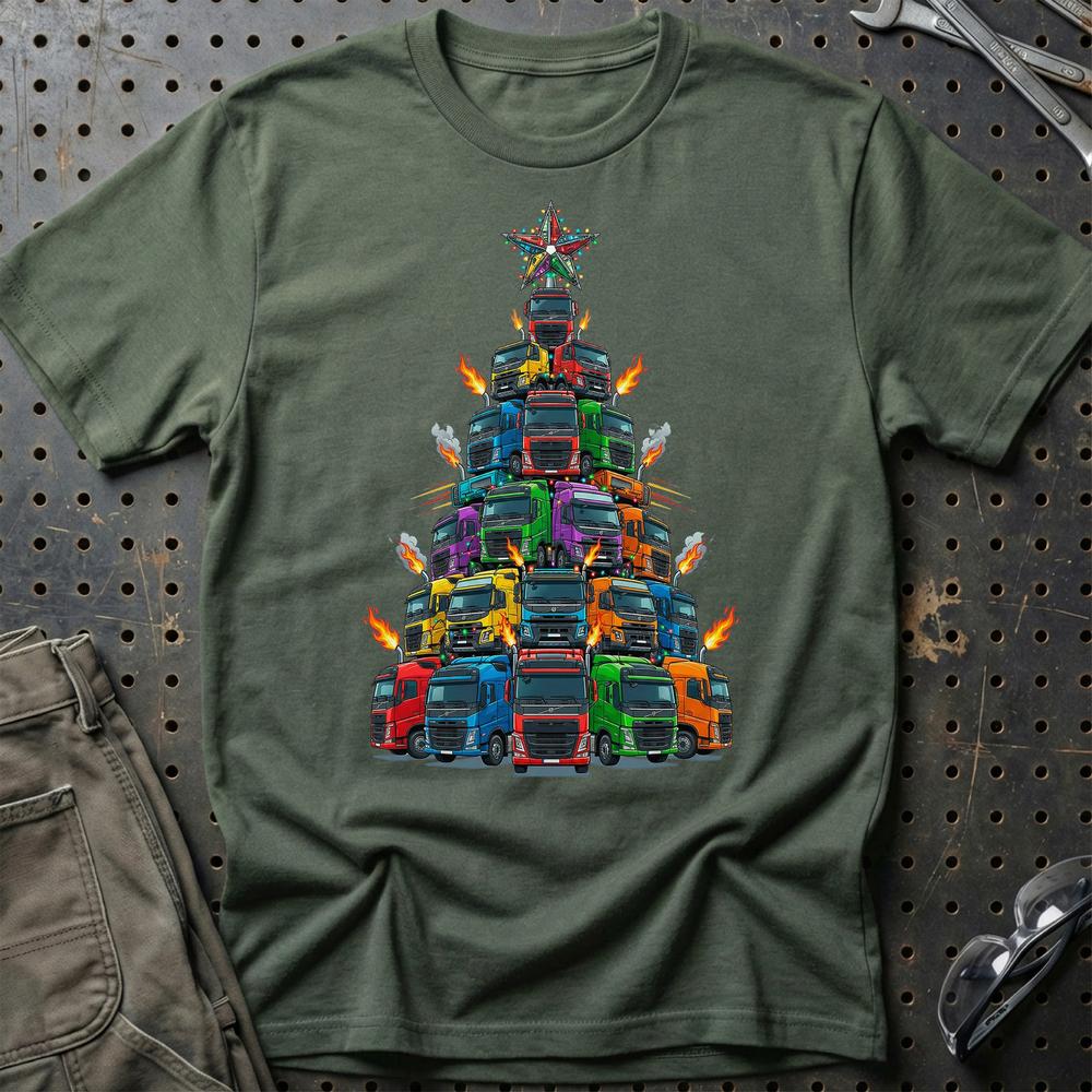 Volvo Lastbil Juletræ Christmas Tree - Unisex T-Shirt-Beklædning-Volvo-Grøn Militær-S-Garage Culture Shop- garage - man cave - merchandise