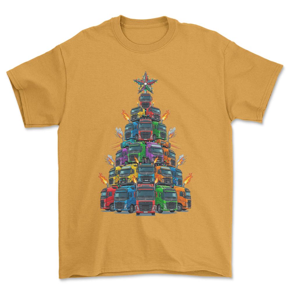 Volvo Lastbil Juletræ Christmas Tree - Unisex T-Shirt-Beklædning-Volvo-Guld-S-Forside-Garage Culture Shop- garage - man cave - merchandise