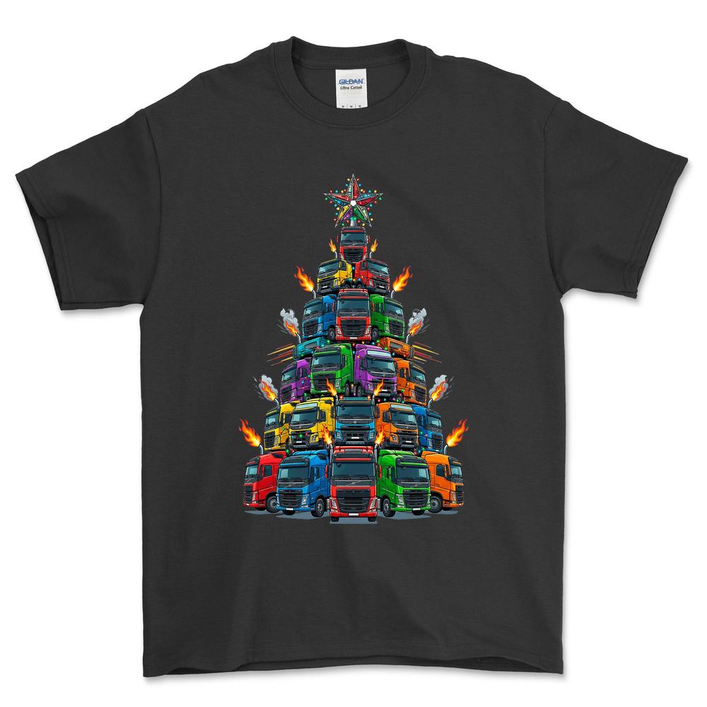Volvo Lastbil Juletræ Christmas Tree - Unisex T-Shirt-Beklædning-Volvo-Sort-S-Forside-Garage Culture Shop- garage - man cave - merchandise