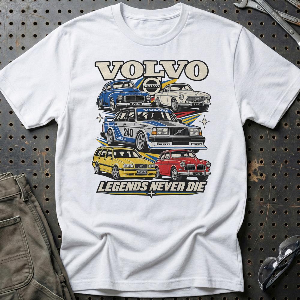 Volvo Legends Never Die T-Shirt-Beklædning-Volvo-Hvid-S-Garage Culture Shop- garage - man cave - merchandise