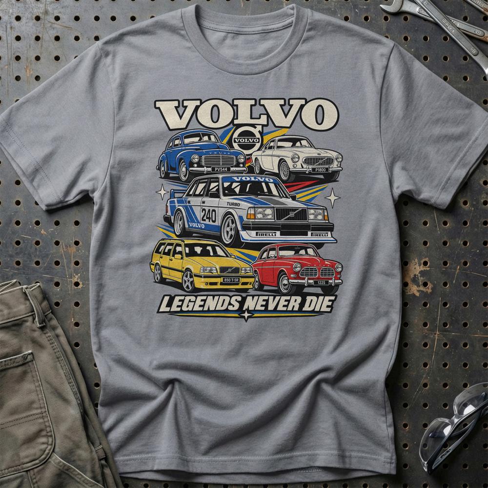 Volvo Legends Never Die T-Shirt-Beklædning-Volvo-Grå Sport-S-Garage Culture Shop- garage - man cave - merchandise