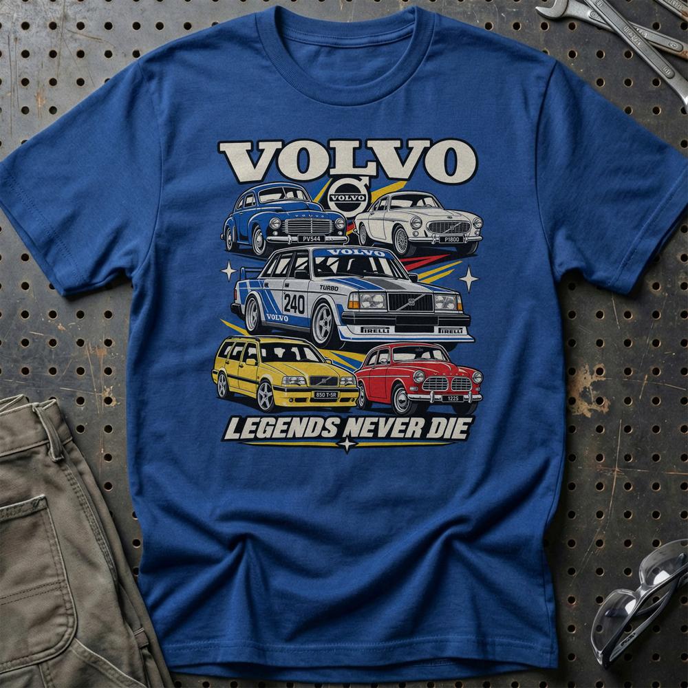 Volvo Legends Never Die T-Shirt-Beklædning-Volvo-Blå Royal-S-Garage Culture Shop- garage - man cave - merchandise