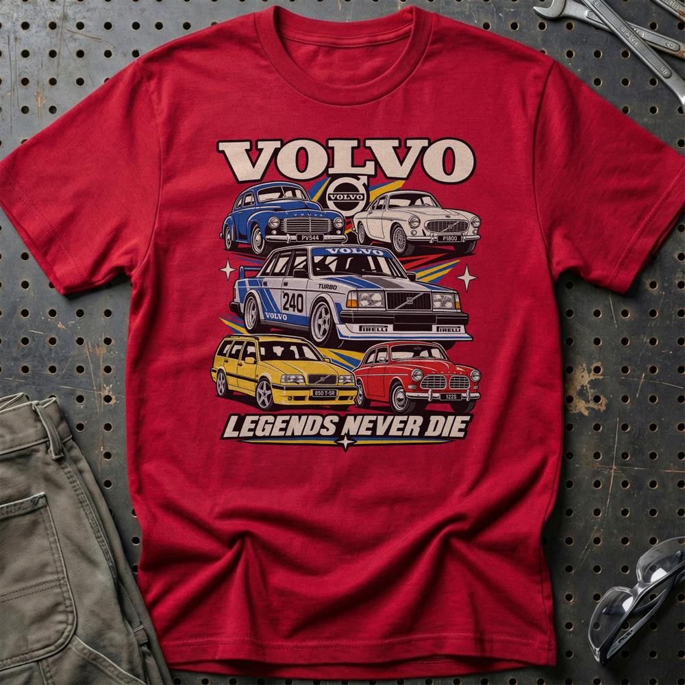 Volvo Legends Never Die T-Shirt-Beklædning-Volvo-Rød-S-Garage Culture Shop- garage - man cave - merchandise