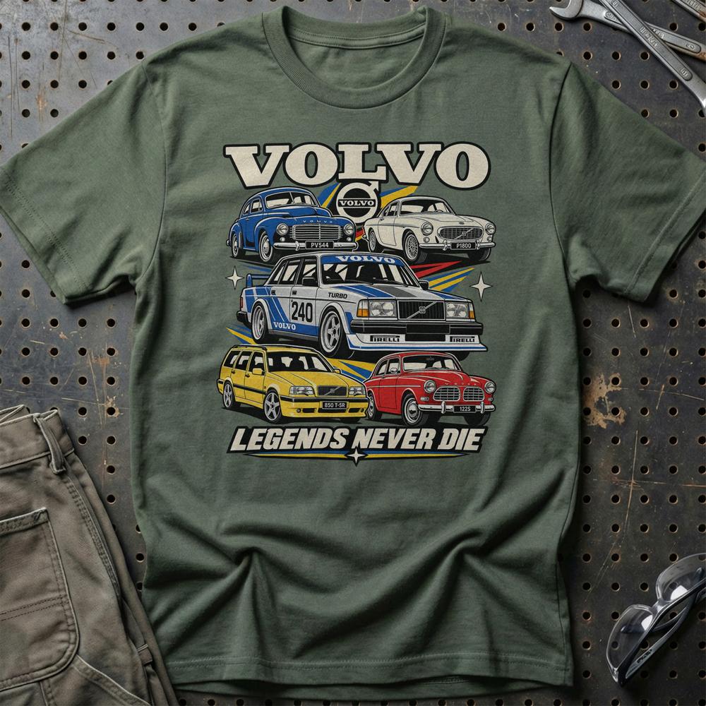Volvo Legends Never Die T-Shirt-Beklædning-Volvo-Grøn Militær-S-Garage Culture Shop- garage - man cave - merchandise