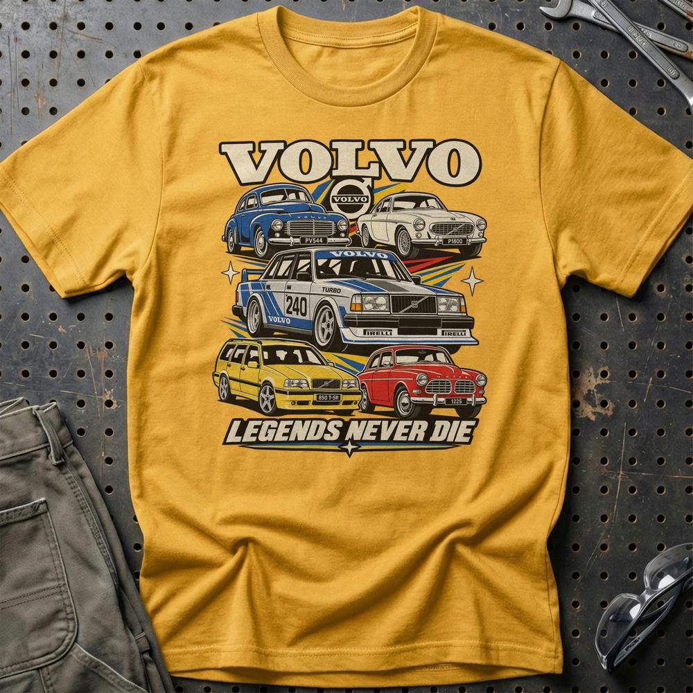 Volvo Legends Never Die T-Shirt-Beklædning-Volvo-Guld-S-Garage Culture Shop- garage - man cave - merchandise