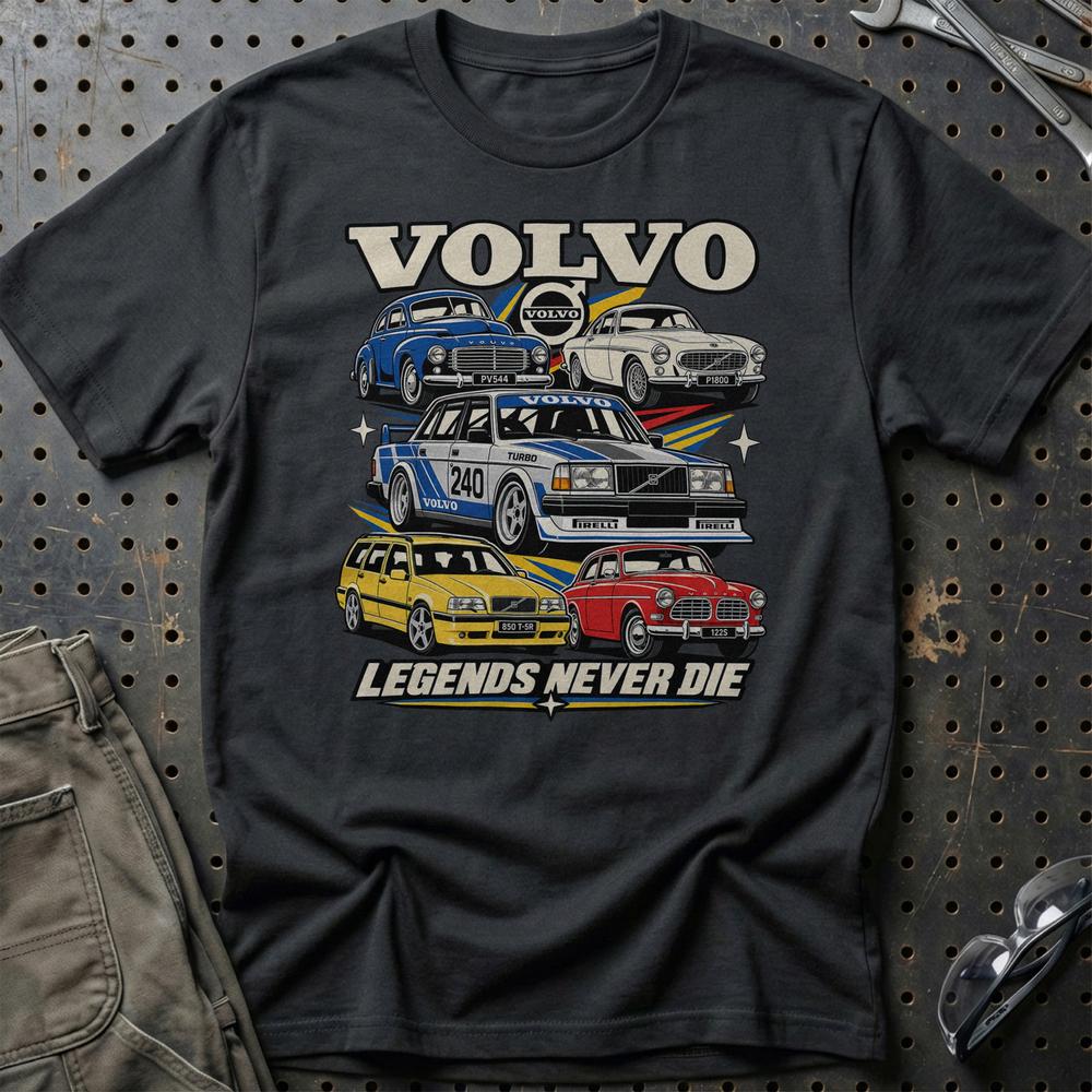 Volvo Legends Never Die T-Shirt-Beklædning-Volvo-Sort-S-Garage Culture Shop- garage - man cave - merchandise
