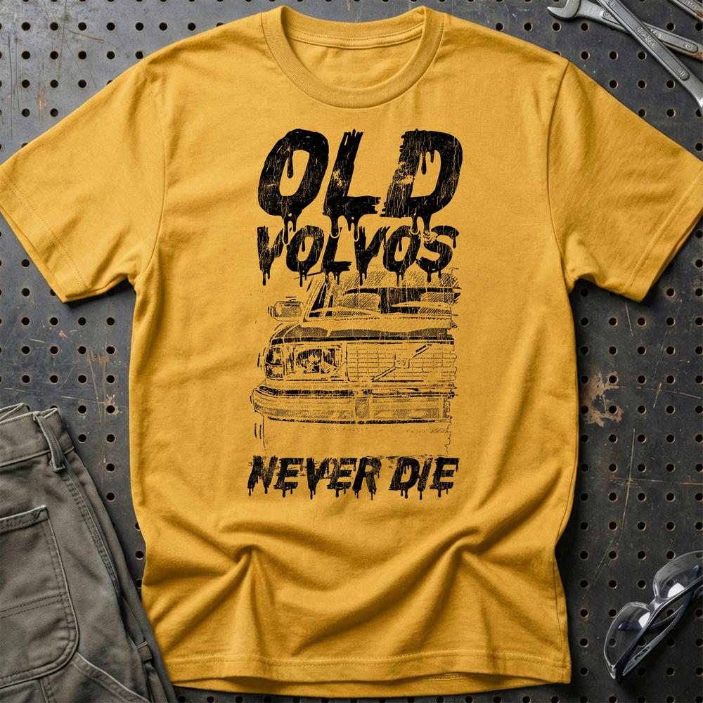 Volvo Old Volvos Never Die Volvo 240 Early 80s Model T-Shirt-Beklædning-Volvo-Guld-S-Garage Culture Shop- garage - man cave - merchandise