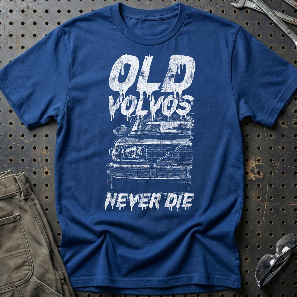 Volvo Old Volvos Never Die Volvo 240 Early 80s Model Unisex T-Shirt , Bomuld-Beklædning-Volvo-Blå Royal-S-Garage Culture Shop- garage - man cave - merchandise
