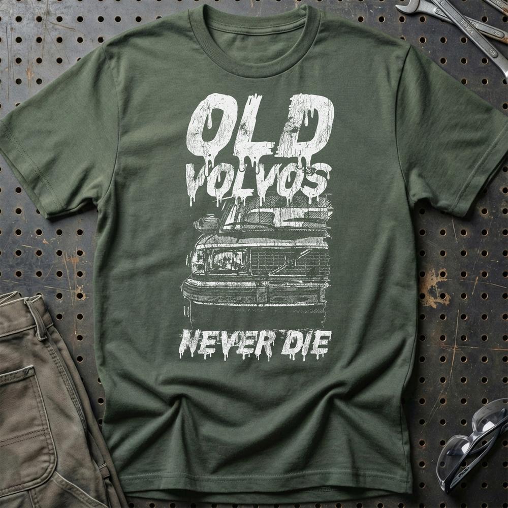 Volvo Old Volvos Never Die Volvo 240 Early 80s Model Unisex T-Shirt , Bomuld-Beklædning-Volvo-Grøn Militær-S-Garage Culture Shop- garage - man cave - merchandise