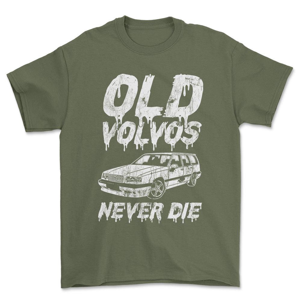 Volvo Old Volvos Never Die Volvo 850 Unisex T-Shirt , Bomuld-Beklædning-Volvo-Grøn Militær-S-Forside-Garage Culture Shop- garage - man cave - merchandise