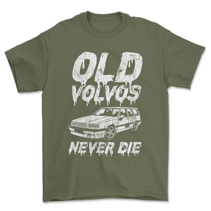 Volvo Old Volvos Never Die Volvo 850 Unisex T-Shirt , Bomuld-Beklædning-Volvo-Grøn Militær-S-Forside-Garage Culture Shop- garage - man cave - merchandise