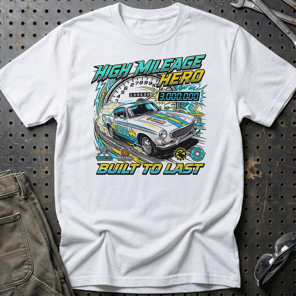 Volvo P1800 T-Shirt - High Mileage Hero | Built to Last T-Shirt-Beklædning-Volvo-Hvid-S-Garage Culture Shop- garage - man cave - merchandise