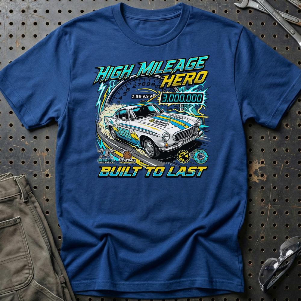 Volvo P1800 T-Shirt - High Mileage Hero | Built to Last T-Shirt-Beklædning-Volvo-Blå Royal-S-Garage Culture Shop- garage - man cave - merchandise