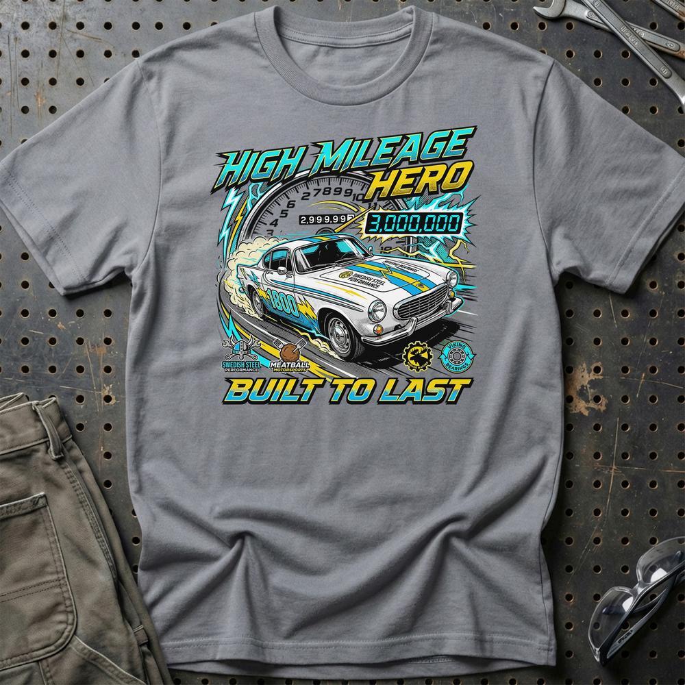 Volvo P1800 T-Shirt - High Mileage Hero | Built to Last T-Shirt-Beklædning-Volvo-Grå Sport-S-Garage Culture Shop- garage - man cave - merchandise