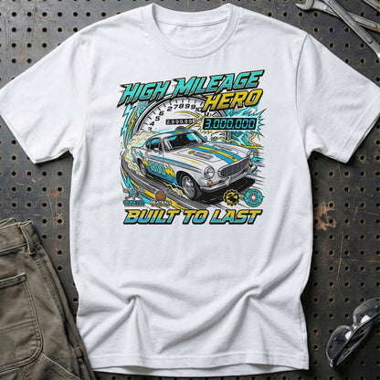 Volvo P1800 T-Shirt – High Mileage Hero | Built to Last - Unisex T-Shirt-Beklædning-Volvo-Hvid-S-Garage Culture Shop- garage - man cave - merchandise