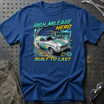 Volvo P1800 T-Shirt – High Mileage Hero | Built to Last - Unisex T-Shirt-Beklædning-Volvo-Blå Royal-S-Garage Culture Shop- garage - man cave - merchandise