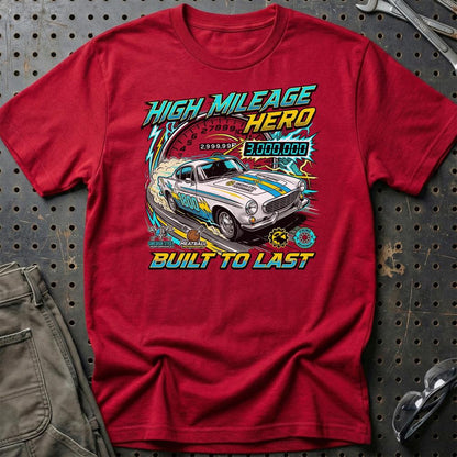 Volvo P1800 T-Shirt – High Mileage Hero | Built to Last - Unisex T-Shirt-Beklædning-Volvo-Rød-S-Garage Culture Shop- garage - man cave - merchandise