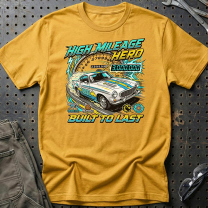Volvo P1800 T-Shirt – High Mileage Hero | Built to Last - Unisex T-Shirt-Beklædning-Volvo-Guld-S-Garage Culture Shop- garage - man cave - merchandise