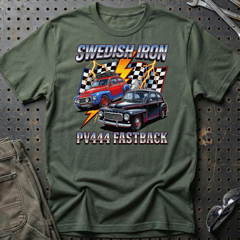 Volvo PV444 Fastback Swedish Iron Classic Car T-Shirt-Beklædning-Volvo-Grøn Militær-S-Garage Culture Shop- garage - man cave - merchandise